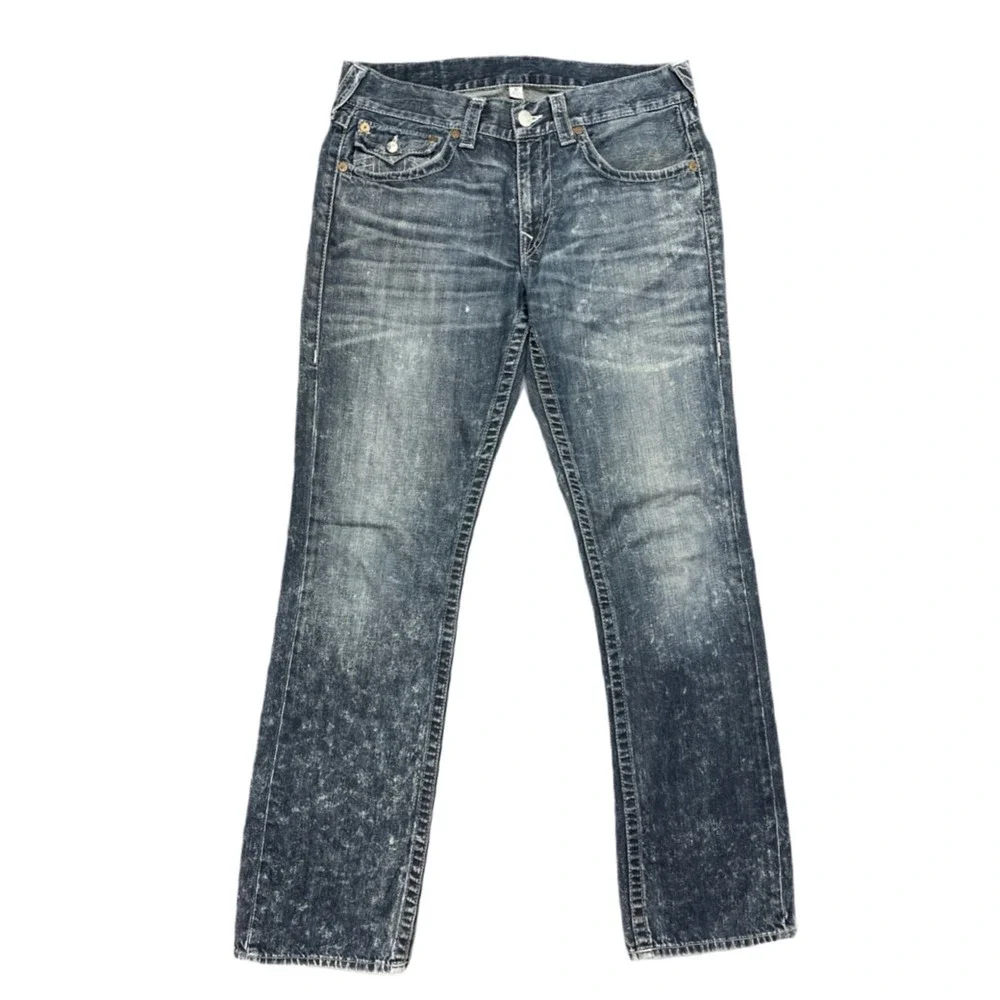 True Religion Jeans Mens 33 Straight Fit Flap Pocket Medium Acid Wash Blue Denim